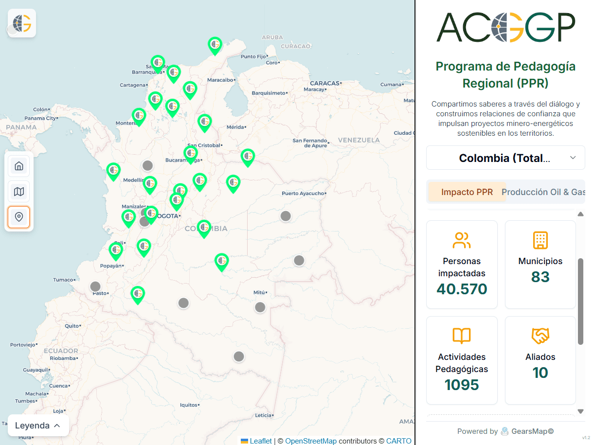 Captura del Visor PPR ACGGP: mapa de Colombia con las ubicaciones del programa y un panel lateral con indicadores de impacto.